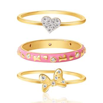 Disney Minnie Mouse Womens 18K Gold Plated Sterling CZ Silver Ring Trio, Minnie, Bow, Heart - Size 7