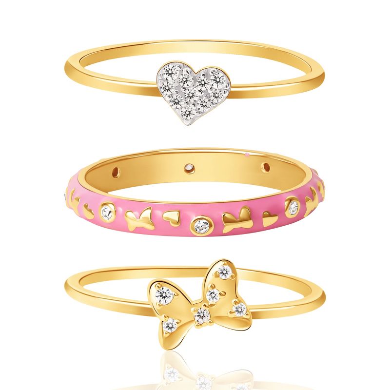 Disney Minnie Mouse Womens 18K Gold Plated Sterling CZ Silver Ring Trio, Minnie, Bow, Heart - Size 7, 1 of 7