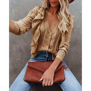 Womens V Neck Button Down Sweaters Tops Casual Long Sleeve Ruffle Knit Cardigan - 1 of 4