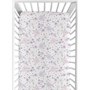 Sweet Jojo Designs Girl Jersey Knit Baby Fitted Crib Sheet Watercolor Floral Lavender Purple Pink and Grey - 1 of 4