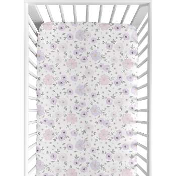 Sweet Jojo Designs Girl Jersey Knit Baby Fitted Crib Sheet Watercolor Floral Lavender Purple Pink and Grey