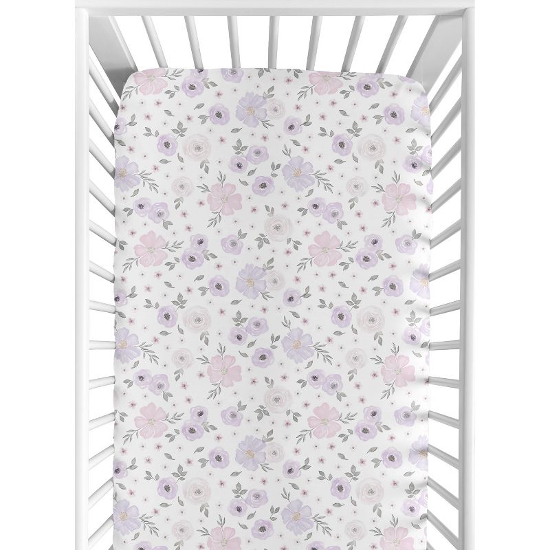 Sweet Jojo Designs Girl Jersey Knit Baby Fitted Crib Sheet Watercolor Floral Lavender Purple Pink and Grey, 1 of 8