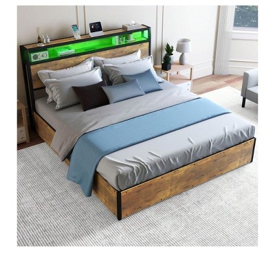 LED Light Platform Bed Frame, Queen Size Bed Frame with 2-Tier Storage Shelf Headboard with Charging Station, Rustic Brown