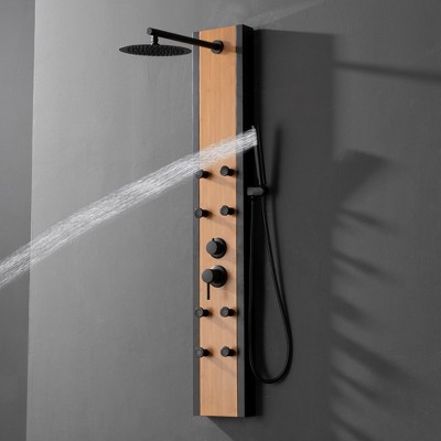 57'' Black and Bamboo Shower Panel System with Body Jets