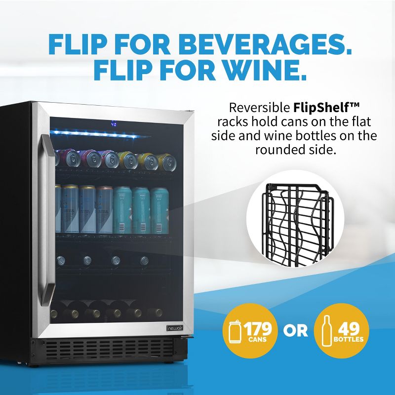 Newair FlipShelf 24" Wine and Beverage Refrigerator 179 Cans or 49 Bottles, Reversible Shelves, Built-in Fridge or Freestanding Drinks and Wine Cooler, 2 of 14