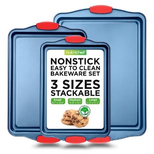 NutriChef Kitchen Oven Baking Pans - 3 Peice Deluxe Nonstick Blue Coating Inside & Outside Carbon Steel Bakeware Set With Red Silicone Handles - 1 of 4