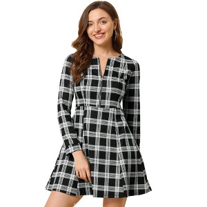 Allegra K Women's Vintage Plaid Houndstooth Long Sleeve Office Zip Front Flare Mini Dress - 1 of 4