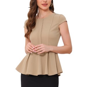 INSPIRE CHIC Women's Elegant Round Neck Cap Sleeve Solid Color Peplum Blouses - 1 of 4