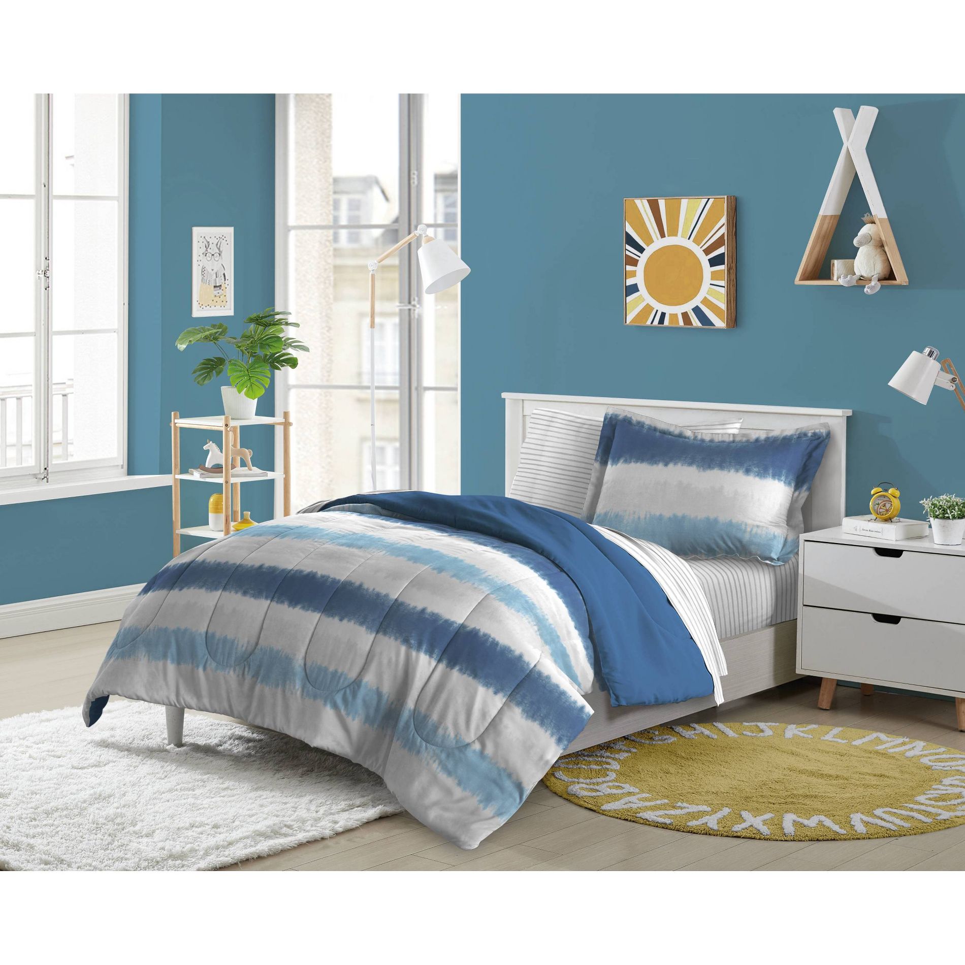 Twin Tie Dye Striped Kids' Bed in a Bag Blue - Dream Factory: Twin Comforter Set, Microfiber, 5-Piece Bedding Set