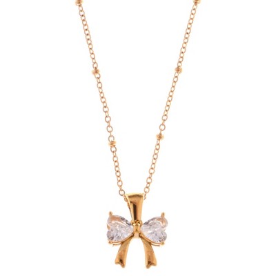 Anna-Kaci Silver Bow Pendant Necklace with Pink Gemstone Accents - Gold
