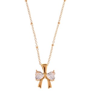 Anna-Kaci Silver Bow Pendant Fashion Necklace with Pink Gemstone Accents - 1 of 4