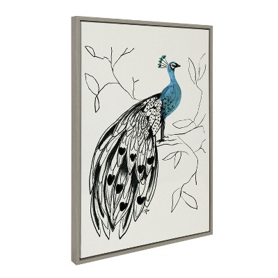 Gray and Blue Peacock Canvas Print with Modern Frame, 23x33