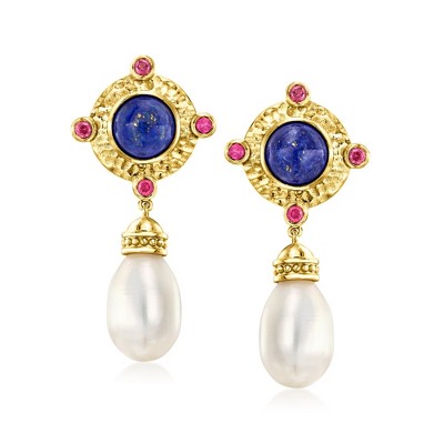 Ross-Simons 8-8.5mm Cultured Pearl and Lapis Drop Earrings With .40 ct. t.w. Rhodolite Garnet in 18kt Gold Over Sterling