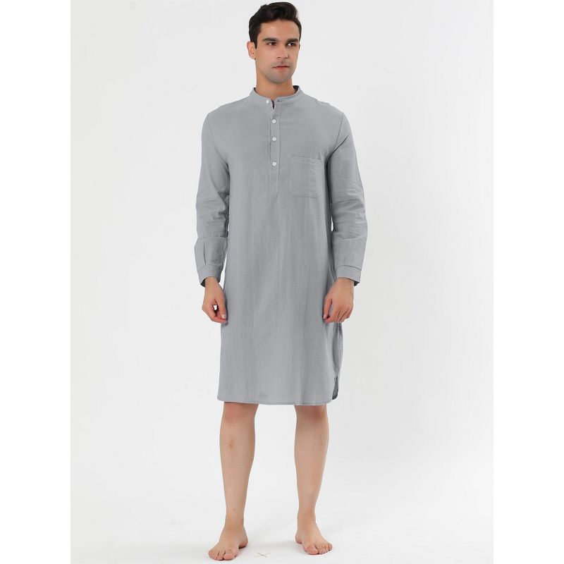 Lars Amadeus Men's Loose Fit Banded Collar Henley Nightgown, 2 of 5