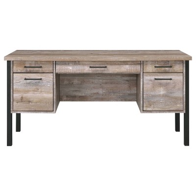 Transitional Weathered Oak Home Office Desk with Black Metal Frame and Storage