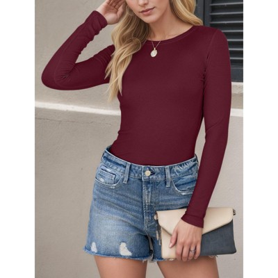 Women's Long Sleeve Rib Knit Shirt Slim Fit Basic Top Soft Casual Tee Fall Outfit 2025 Layering T-Shirt