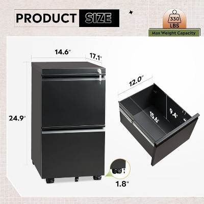 Black Mobile 2-Drawer Lockable Metal File Cabinet
