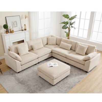 L-Shaped Sectional Sofas Couch Set, 6-Seater Corduroy Upholstered Deep Seat Sofa for Living Room, Comfortable Modular Sectional with 7 Free Pillows