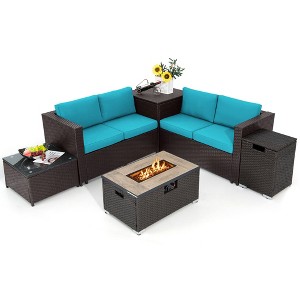 Tangkula 6 Piece Patio Sofa & Fire Table Set Outdoor Rattan Sectional Sofa Set w/ Storage Box Turquoise - 1 of 4