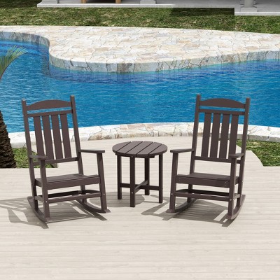 Dark Brown Poly Lumber 3-Piece Outdoor Rocking Chair Set with Round Side Table