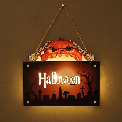 Happy Halloween Hanging Signs Decorations, LED Ambient Light Wooden Welcome Sign Halloween Themed Wooden Door Hanging Party Decoration
