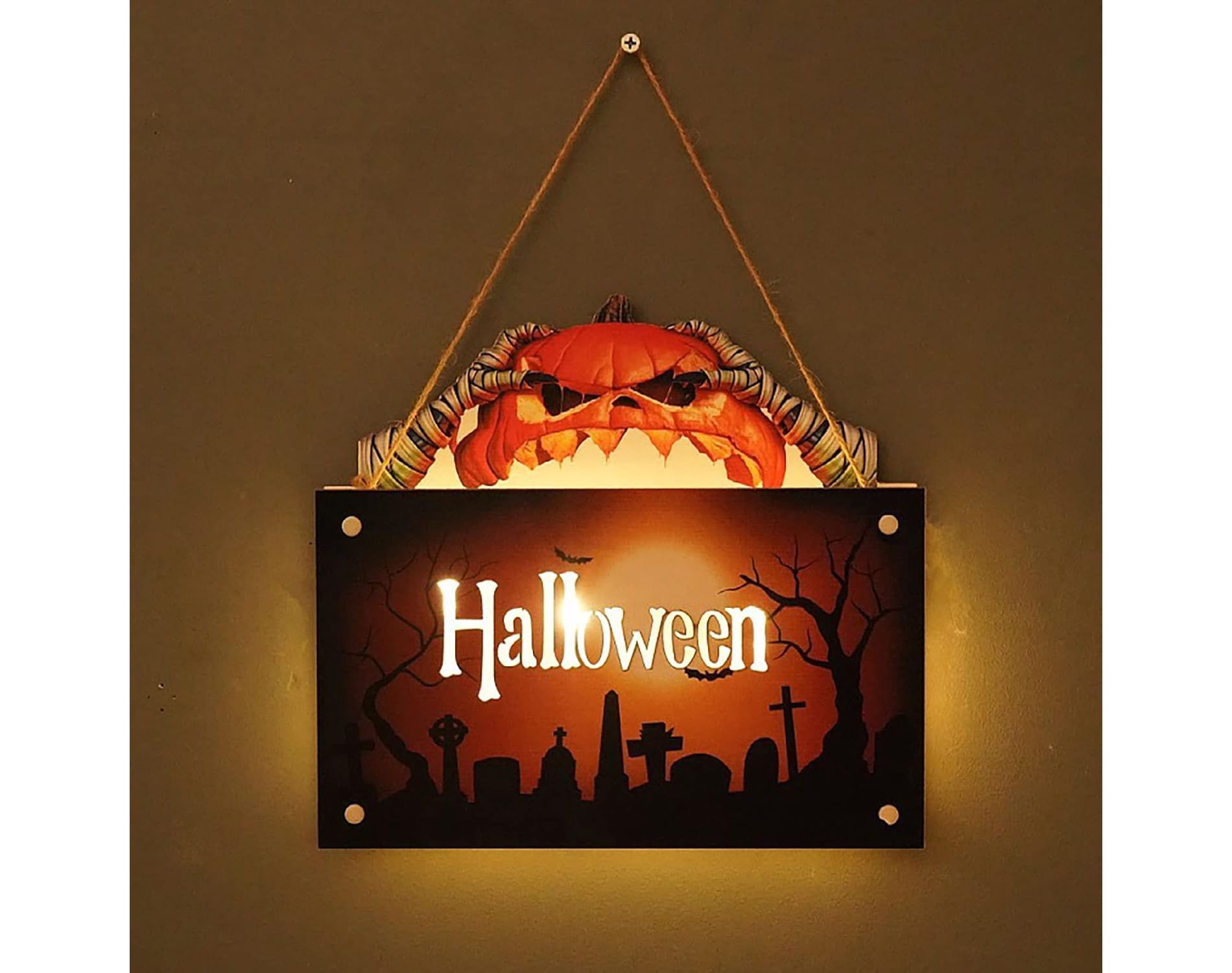 Happy Halloween Hanging Signs Decorations, LED Ambient Light Wooden Welcome Sign Halloween Themed Wooden Door Hanging Party Decoration