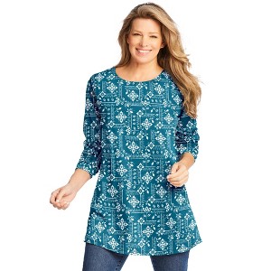 Woman Within Perfect Printed Long-Sleeve Crewneck Tunic - 1 of 4
