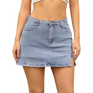 INSPIRE CHIC Women's Jean Side Slit High Waisted A-Line Stretch Mini Denim Skirts - 1 of 4