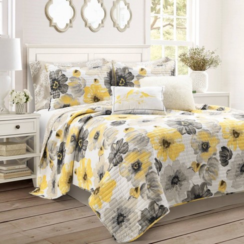 8pc Queen Leah Soft Reversible Oversized Quilt Set Yellow/Gray - Lush Décor