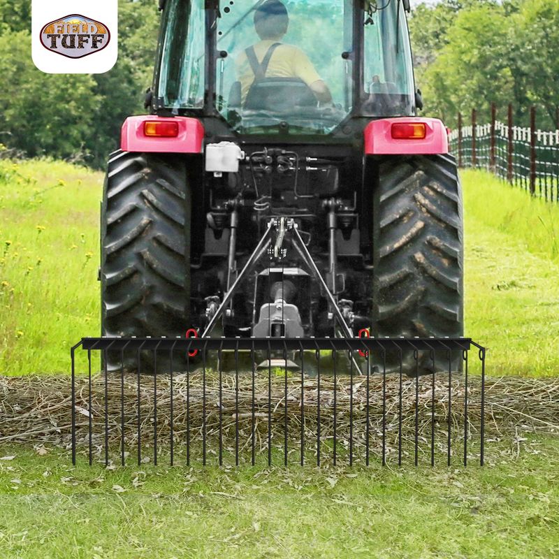 Field Tuff Steel Spring Coil Tine Tow Behind Landscape Rake for Leaves, Pine Needles, Straw, and Grass with 3 Point Hitch Receiver Attachment, Black, 5 of 7