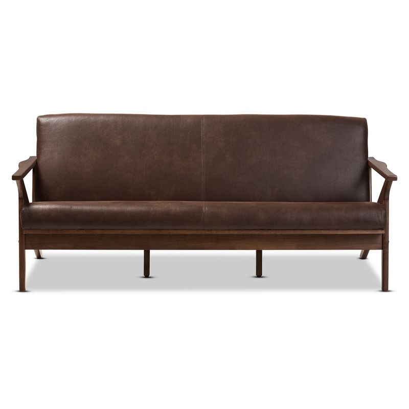 Bianca Mid-Modern Walnut Wood Distressed Faux Leather 3 Seater Sofa Dark Brown - Baxton Studio, 3 of 10