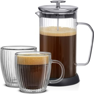 JoyJolt Fluted Coffee French Press & 2 Fluted 13.5 oz Double Walled Coffee Mugs Set - 1 of 1