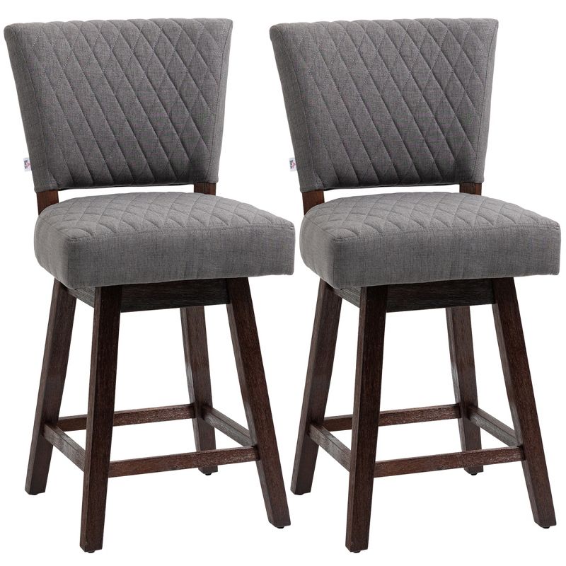 HOMCOM Swivel Bar Stools Set of 2, Counter Height Barstools with Back, Rubber Wood Legs and Footrests, for Kitchen Dining Room Pub, 1 of 7