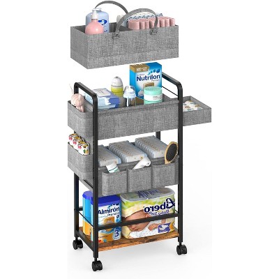 2In1 Diaper Caddy & 4-Tier Rolling Diaper Cart, Diaper Caddy Organizer Cart with Dividers & Drawer