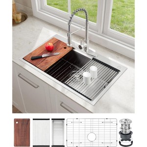 24" x 18" x 9" Drop-In Stainless Steel Single Bowl Kitchen Sink | Modern Top Mount Workstation Sink with Pull-Down Faucet & Accessories - 1 of 4