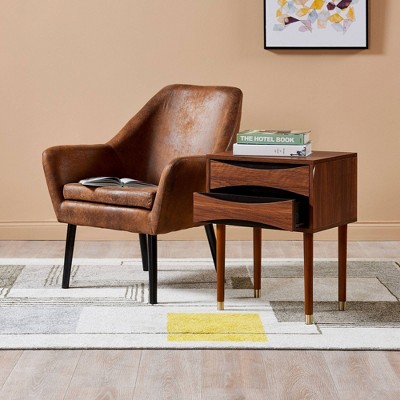 Walnut and Brass Rectangular Side Table with Storage