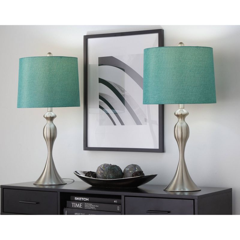 LumiSource (Set of 2) Ashland 27&#34; Contemporary Metal Table Lamps Brushed Nickel with Turquoise Textured Linen Shade from Grandview Gallery, 4 of 6