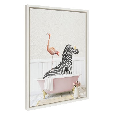 Whimsical Zebra and Flamingo in Pink Bathtub Canvas Art, 18x24