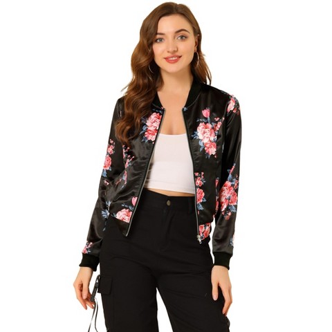 INSPIRE CHIC Women's Stand Collar Floral Prints Zip Up Lightweight Short Jacket Black Pink X-Large