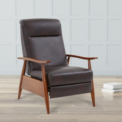 Faux Leather Wood Arm Push Back Recliner with Chestnut Wood Arms, Cushioned Headrest and 3-Position Mechanism