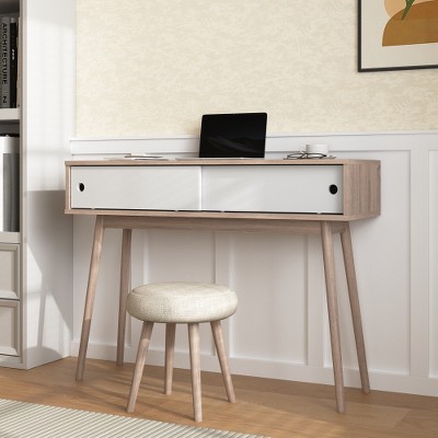 LIVAREEmlen Console Table with 2 White Sliding Doors and Storage Space and Wood Legs,Sofa Table Behind Couch for Hallway, Living Room, Natural Color