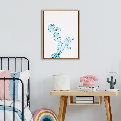 Blue Cactus Framed Canvas Wall Art, 18x24, Natural Wood