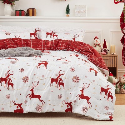 Christmas Comforter Set, Reversible Printed 3 Pieces Bed Set Holiday Decorative Bedding, Soft Microfiber Fabric