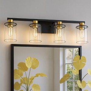 DORESshop 4-Light /6-LightBlack and Gold Vanity Light with Clear Cylinder Glass Shades, Square Plate and Rod Design, E26 Sockets - 1 of 4