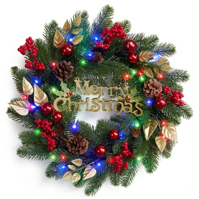 Pre-Lit Christmas Wreath with 40 Colorful Lights, Artificial Xmas Wreath Decorated with Pine Cones