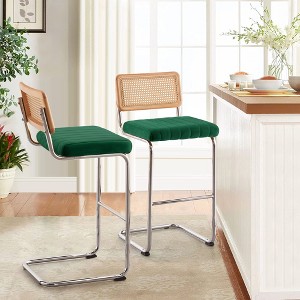 Bekrvio Bar Stools Set of 2/3/4, 26”/30" Barstool with Rattan Back, Velvet-Upholstered & Chrome Frame,Mid Century Modern Kitchen Stool for Island - 1 of 4