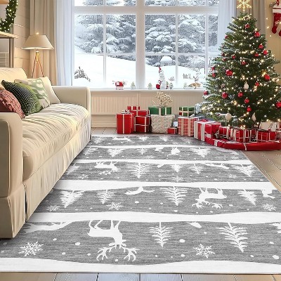 Rugs Washable for Christmas Home Decor Indoor Non Slip Carpet Soft Low Pile with Xmas Tree Reindeer Snowflake for Living Room