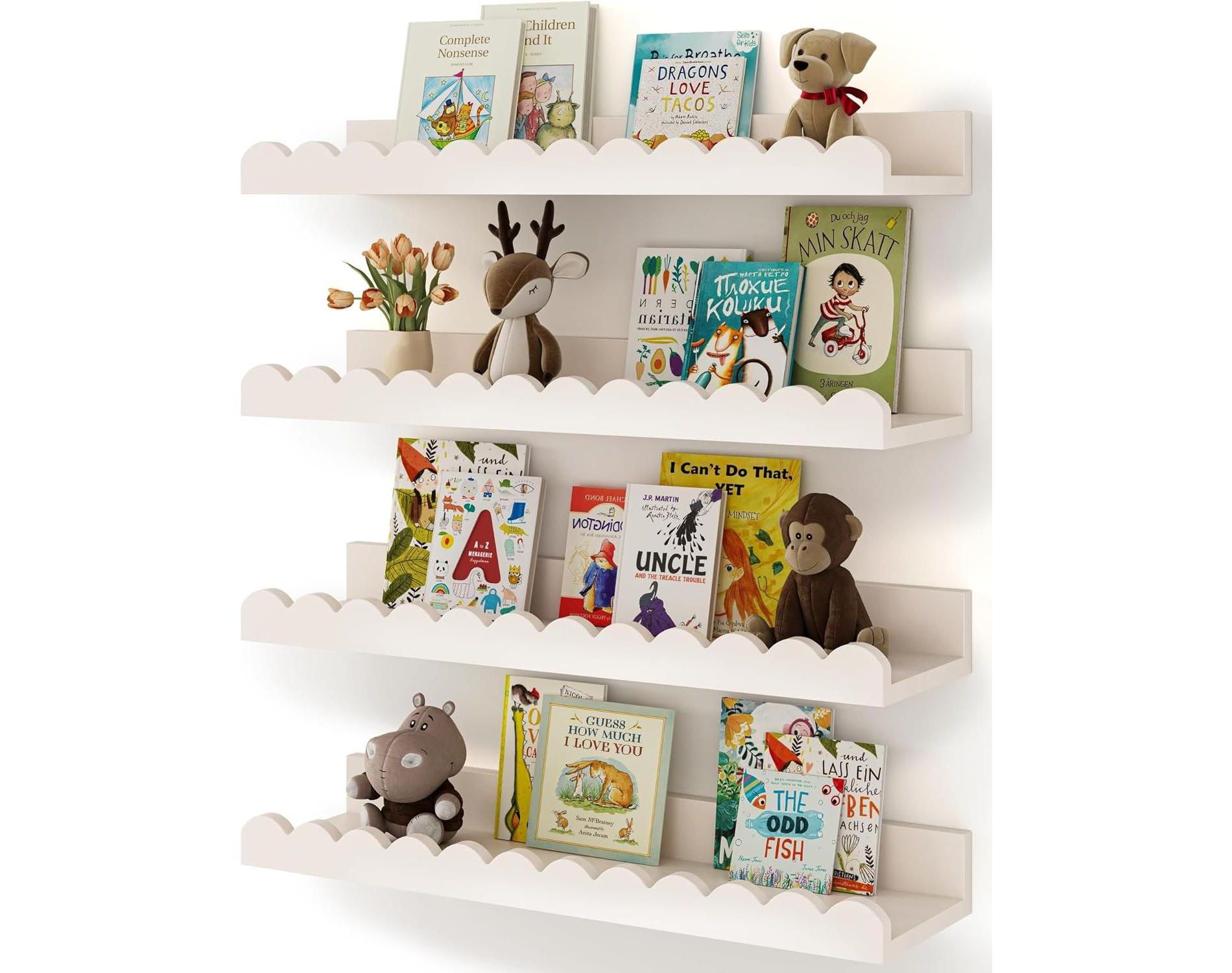 Kids Floating Bookshelves Set of 4, White Wooden Wall Mounted Book Shelves with Scalloped Edge for Nursery and Playroom