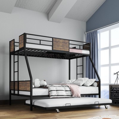 JUJABU Twin Over Full Metal Bunk Bed with Trundle, Safety Guardrail, 2 Ladders, No Box Spring Needed