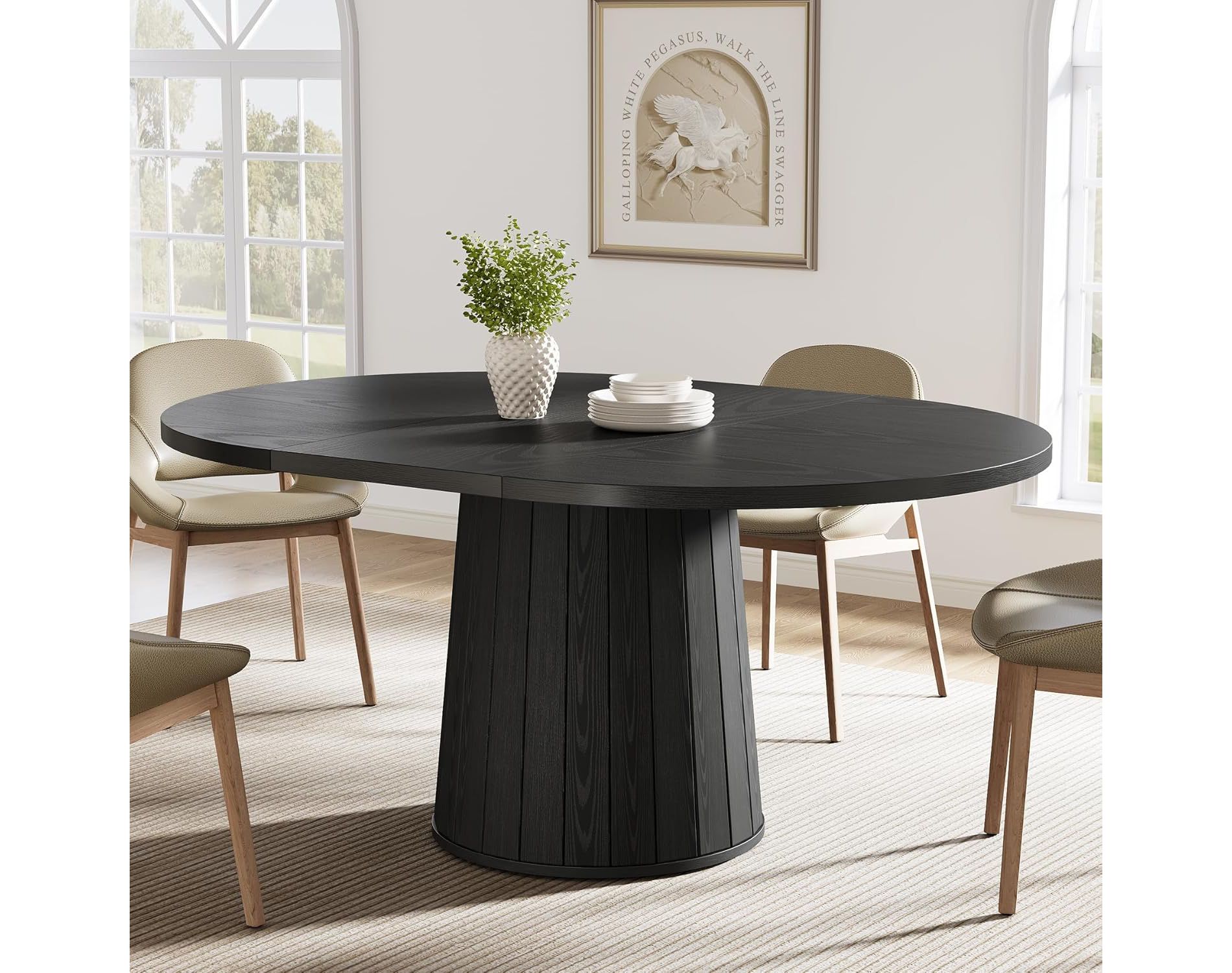 Lantine Oval Dining Table for 6 People, 55.11-Inch Farmhouse Kitchen Dinner Table with Cylindrical Pedestal